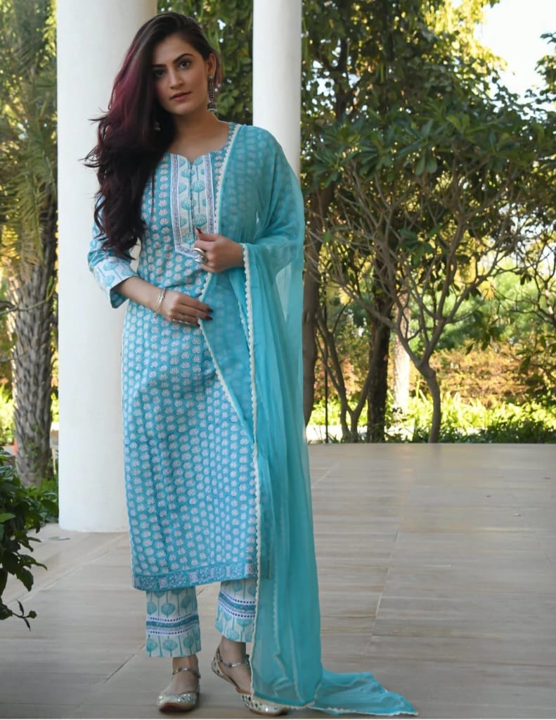 Nishay Shop's Cotton Printed Straight Kurti Palazzo Pants Set with Dupatta