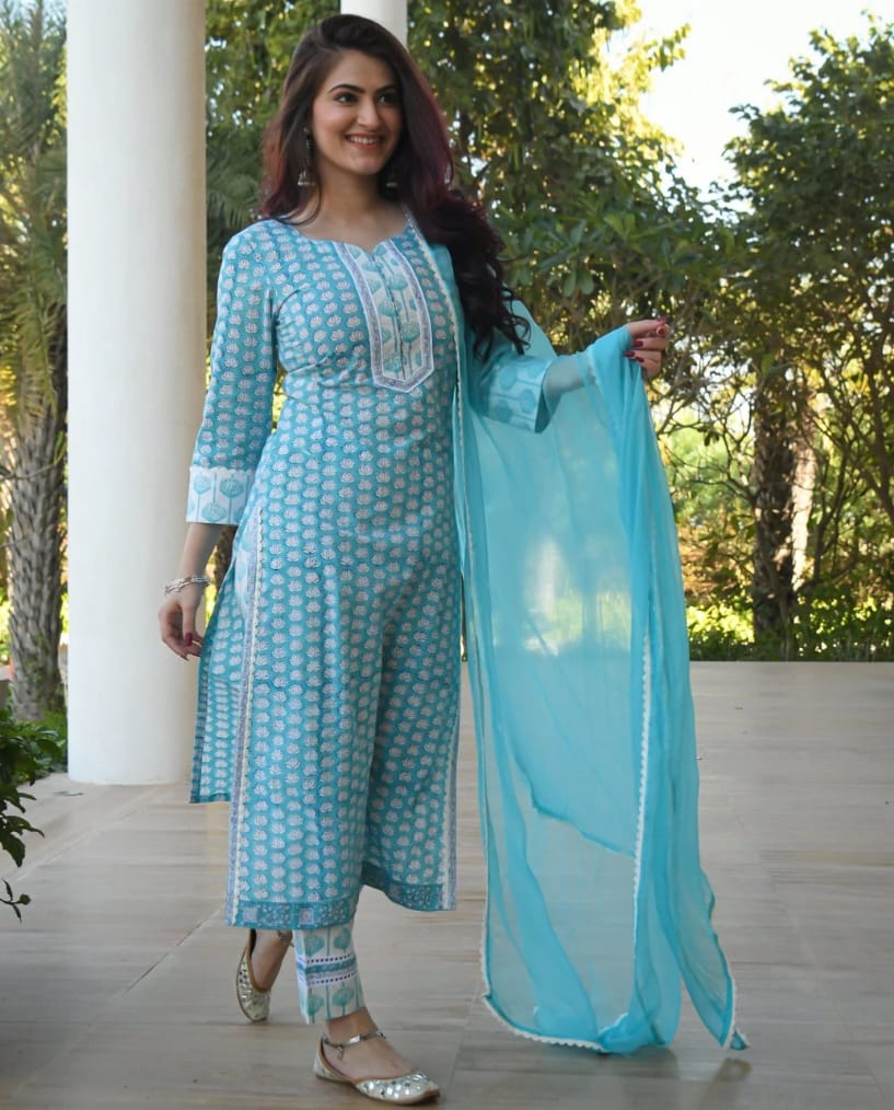 Nishay Shop's Cotton Printed Straight Kurti Palazzo Pants Set with Dupatta