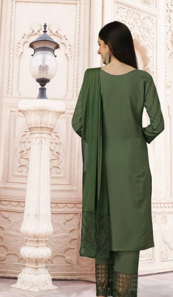Green cotton rayon embroidered kurta pant with dupatta salwar suit 3 pieces set stitched
