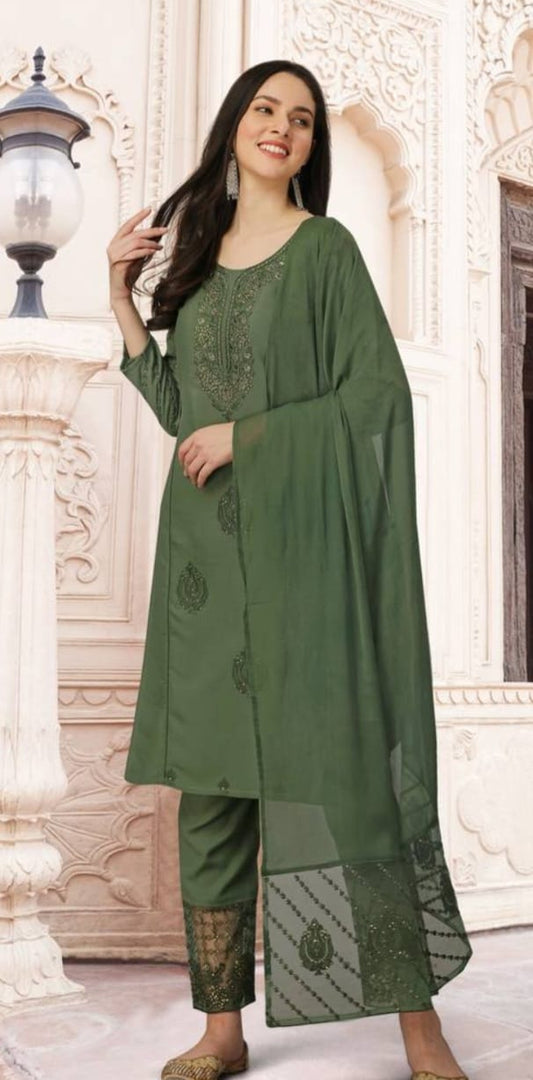 Green cotton rayon embroidered kurta pant with dupatta salwar suit 3 pieces set stitched