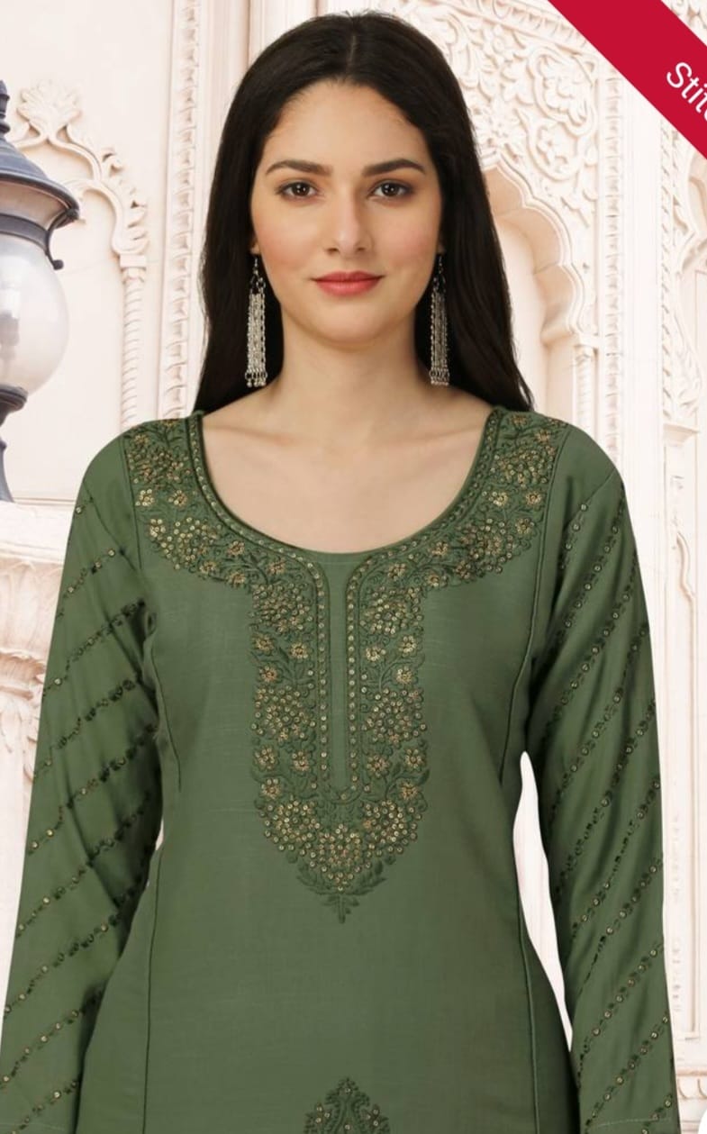 Green cotton rayon embroidered kurta pant with dupatta salwar suit 3 pieces set stitched
