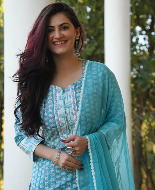 Nishay Shop's Cotton Printed Straight Kurti Palazzo Pants Set with Dupatta