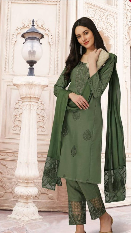 Green cotton rayon embroidered kurta pant with dupatta salwar suit 3 pieces set stitched