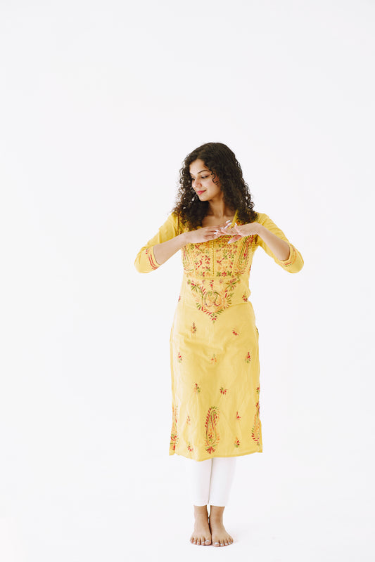 Stylish yellow kurti with floral print for women daily wear use color (Lemon yellow)
